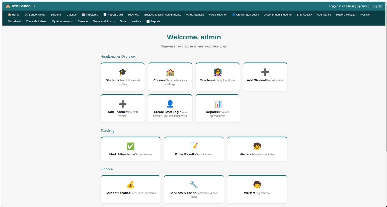 The FS School Manager home screen, showing headteacher overview, teaching and finance sections