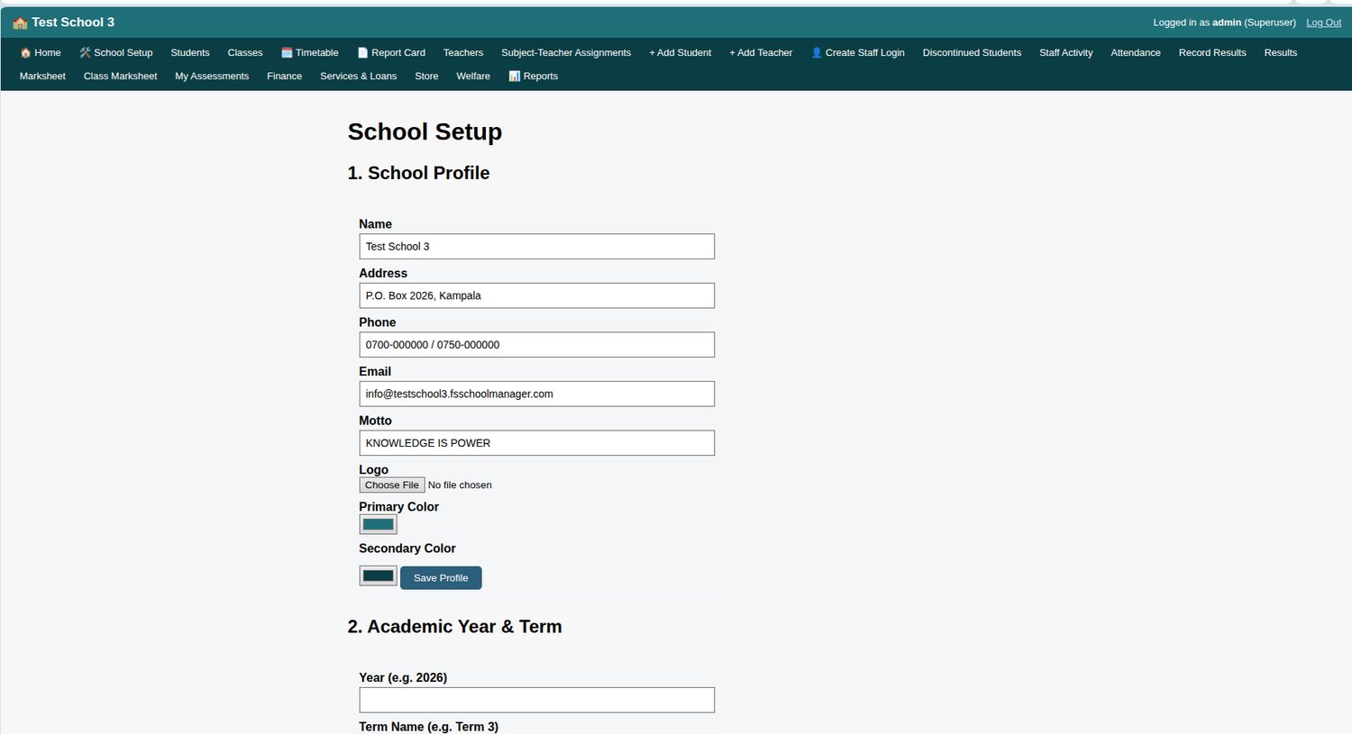 School Setup screen with name, address, motto, logo and colours