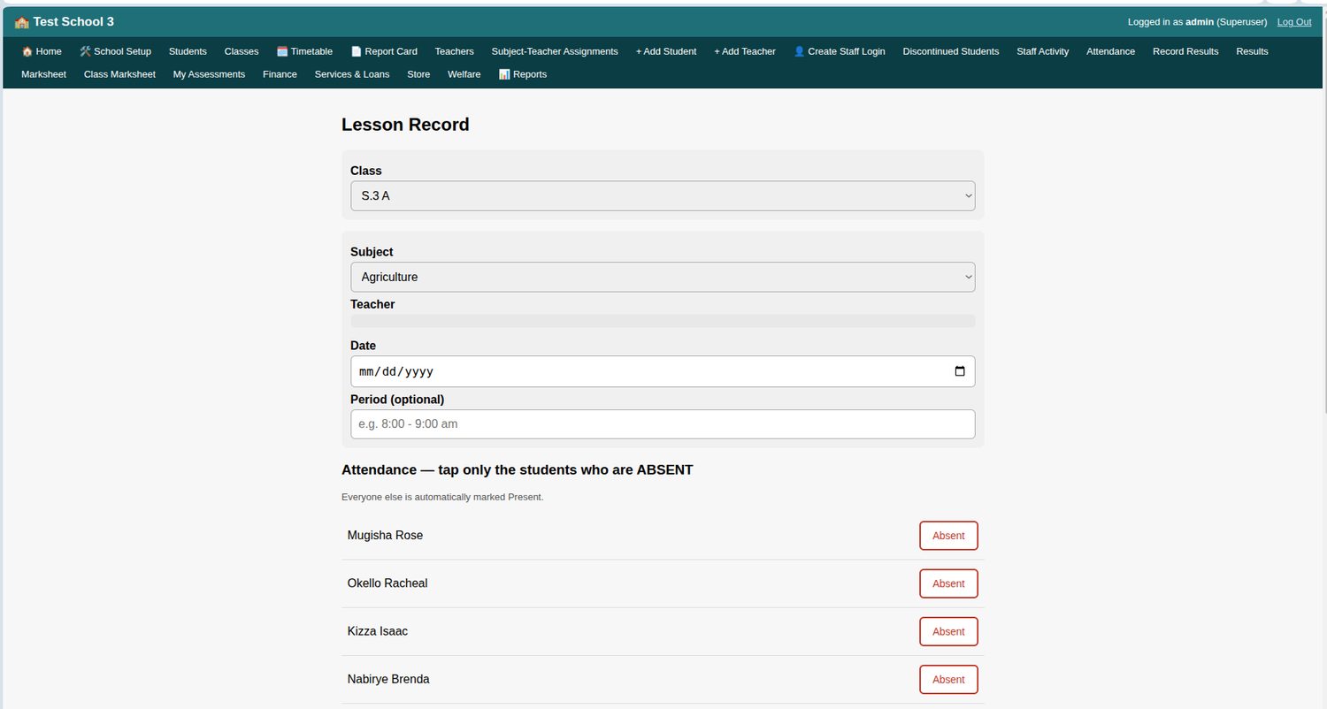 Lesson Record attendance screen with an Absent button beside each student
