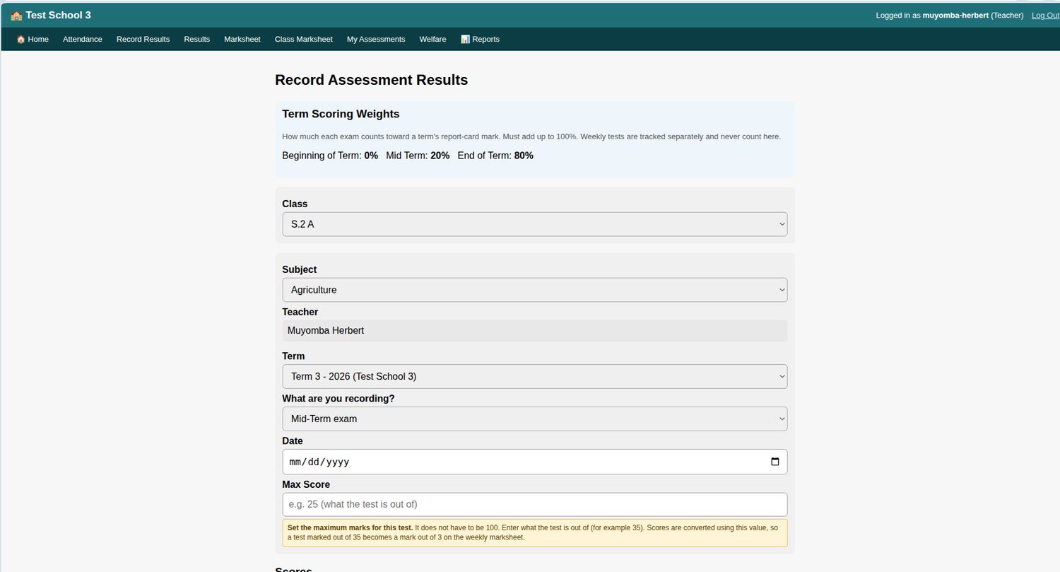 Teacher view of Record Assessment Results with term scoring weights