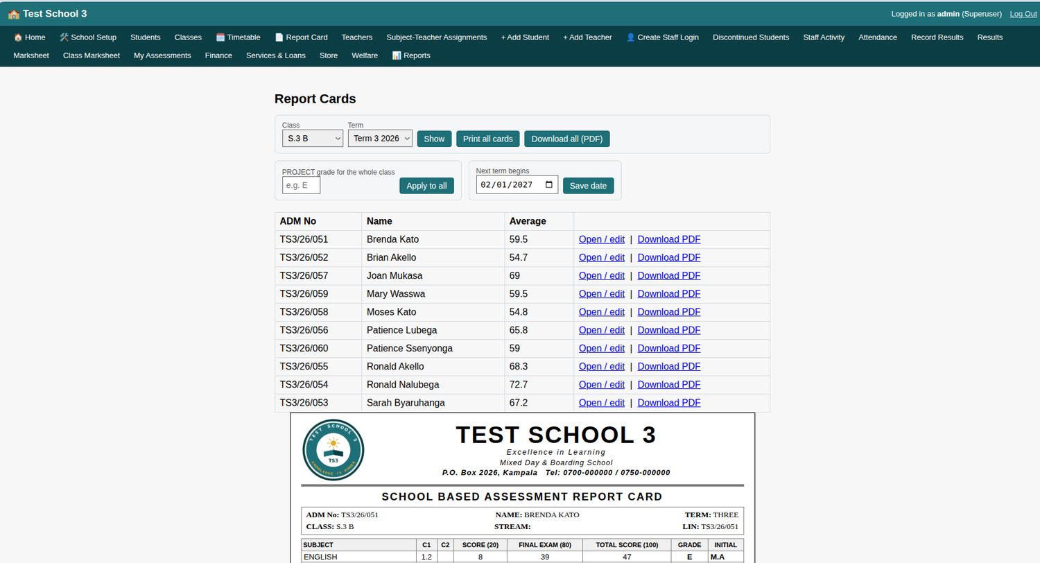 Report Cards list for a class with Open, edit and Download PDF links