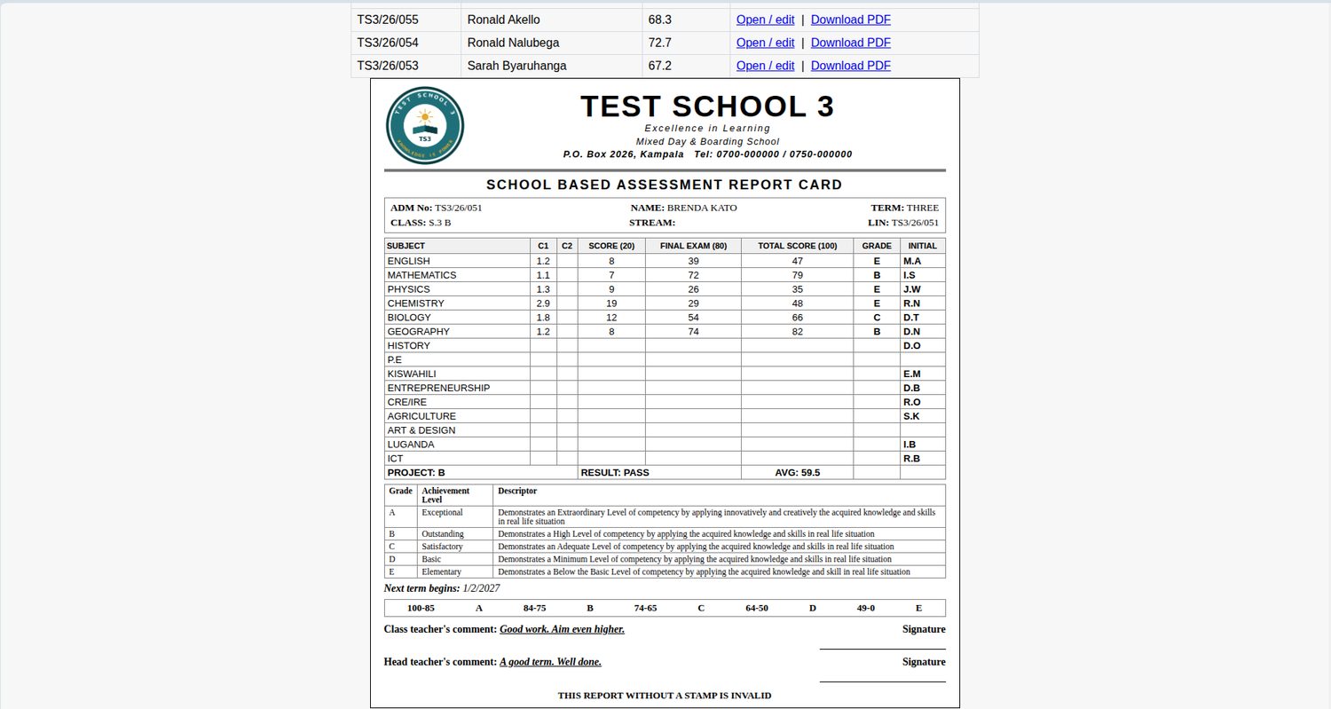 A finished school based assessment report card with grades, initials and comments