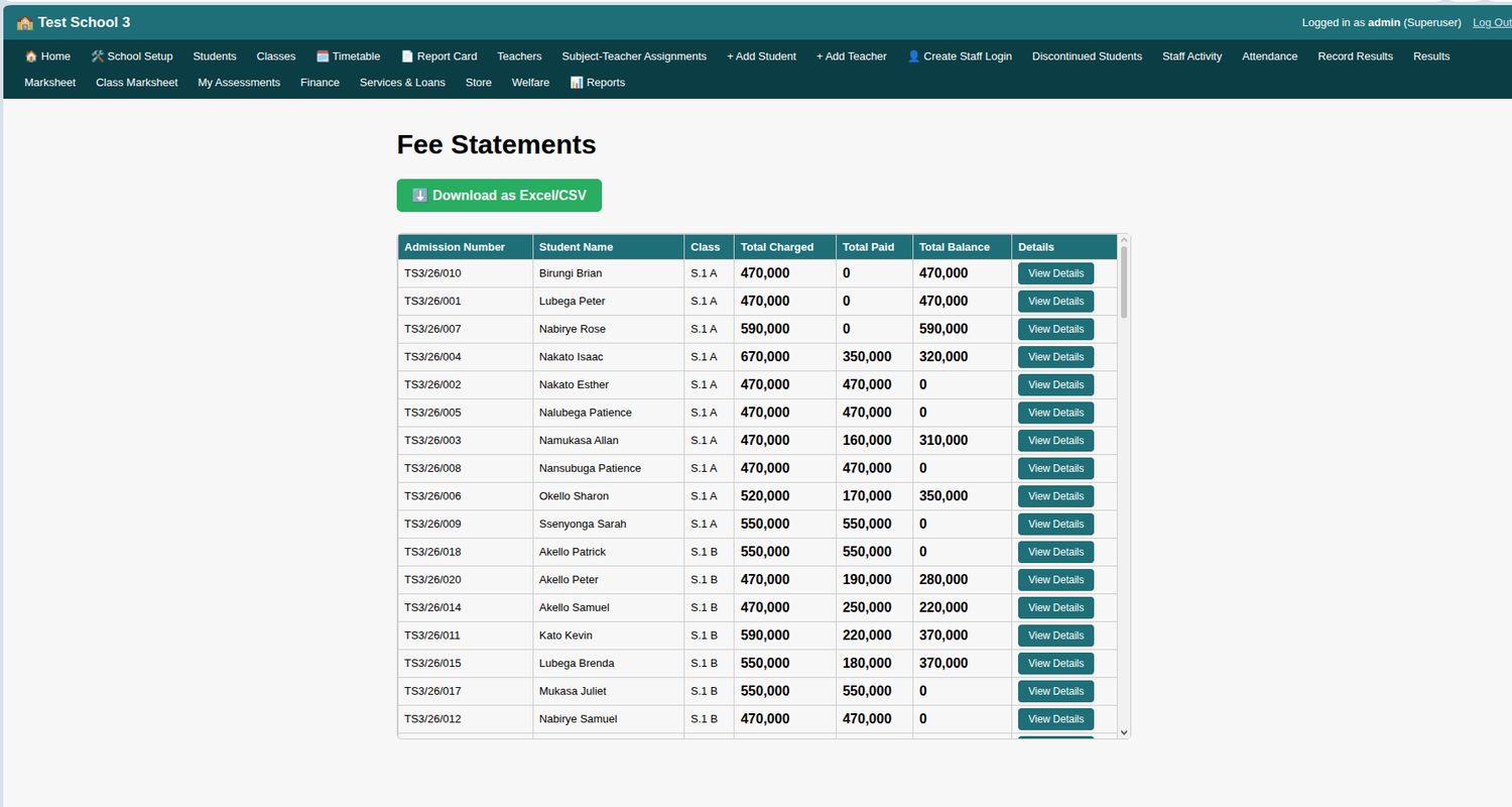 Fee Statements table with total charged, total paid and balance for each student