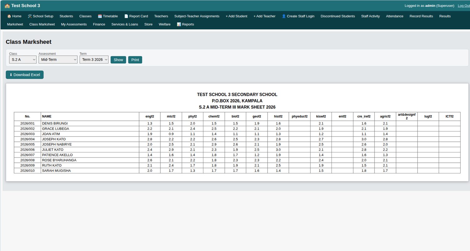 Class marksheet for one assessment with a Download Excel button
