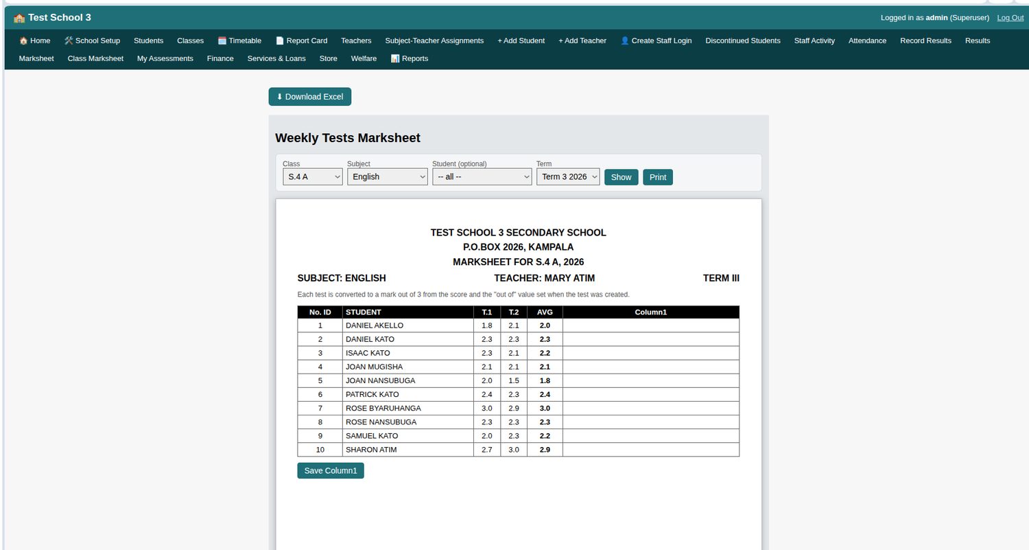 Weekly tests marksheet for one subject